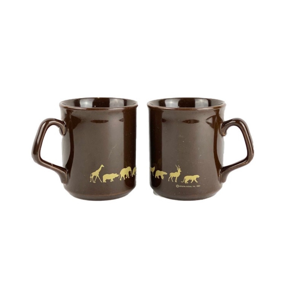 1983 Wildlife Artists Brown Ceramic Animal Series Coffee Mugs